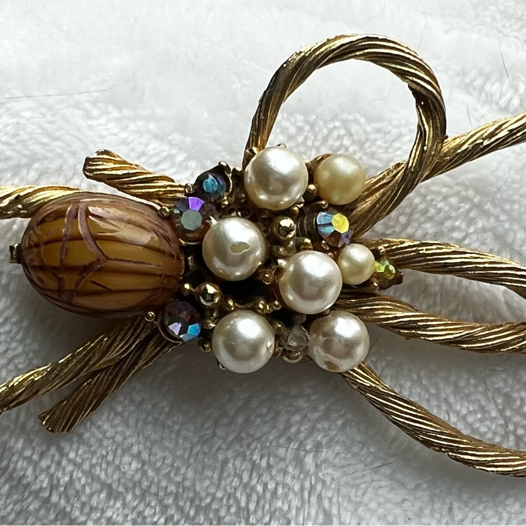 Vintage Gold And Pearl Brooch With Brown Accents